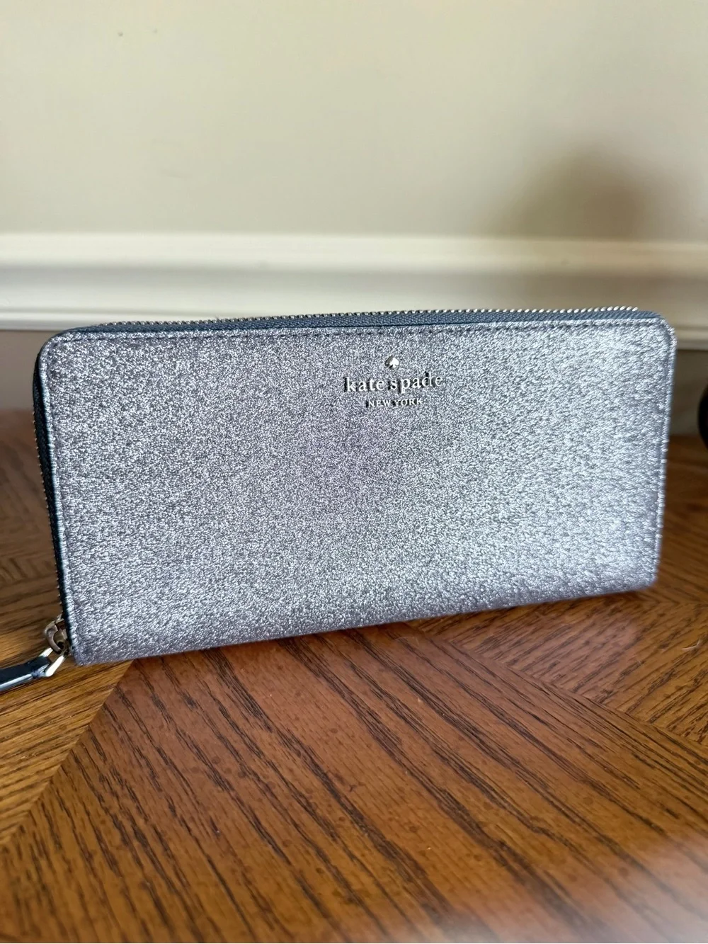 kate spade Lola Dusk Navy Glitter Zip Wallet with silver undertones like new